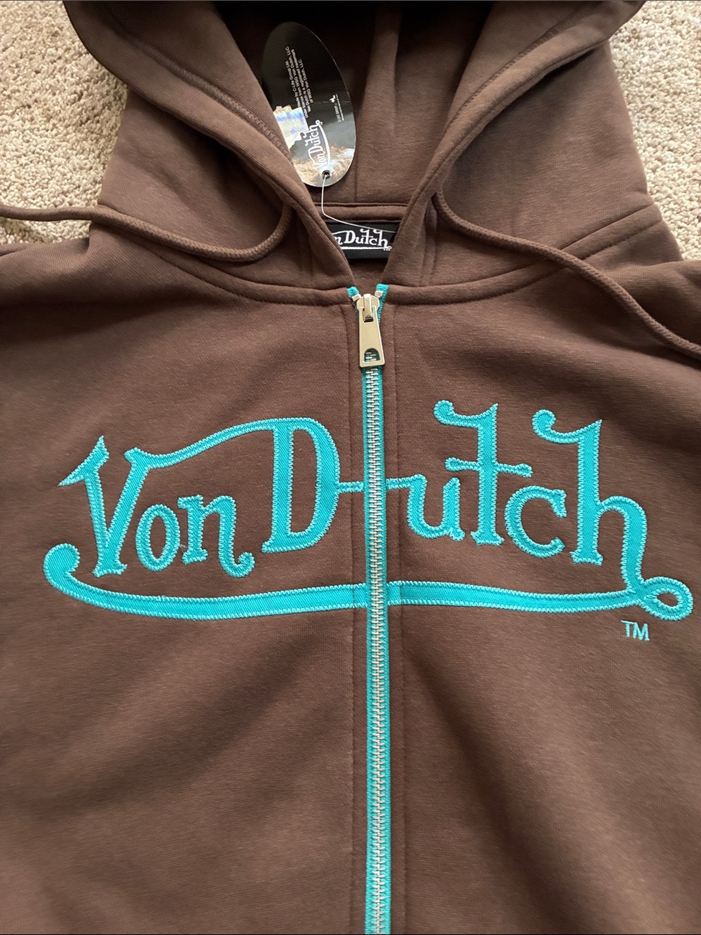 Von Dutch Brown Hoodie with Teal Logo and Zip - Picture 3 of 10